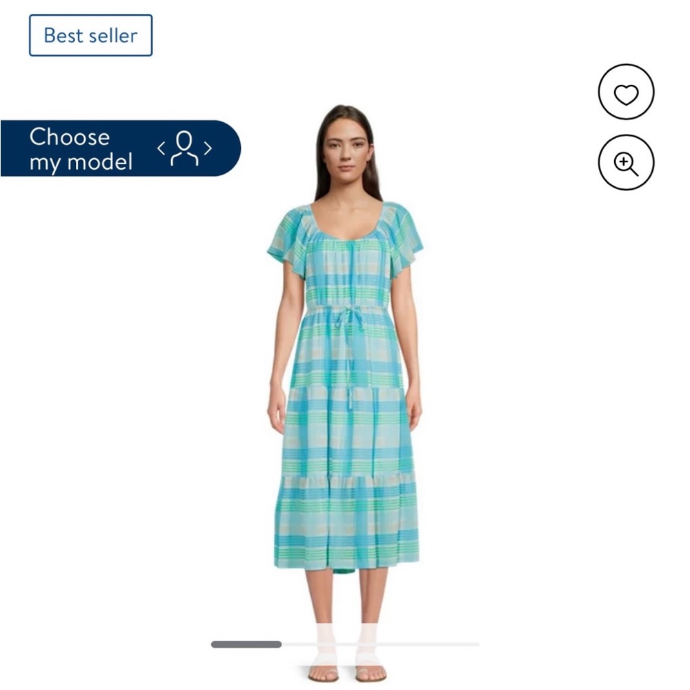 Time and Tru Women's Flutter Sleeve Light Blue Plaid Dress